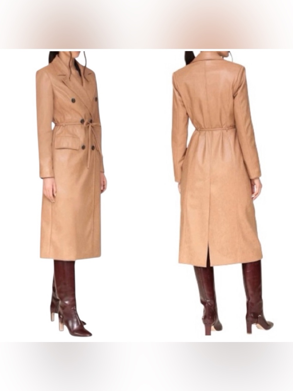 Avec Les Filles Tan Double Breasted Faux Leather Trench Coat Large
